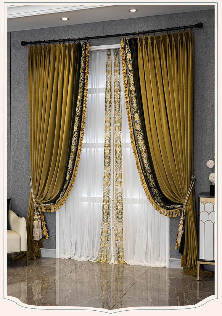 American thick gold velvet bedroom cloth blackout curtain tulle drape C1834