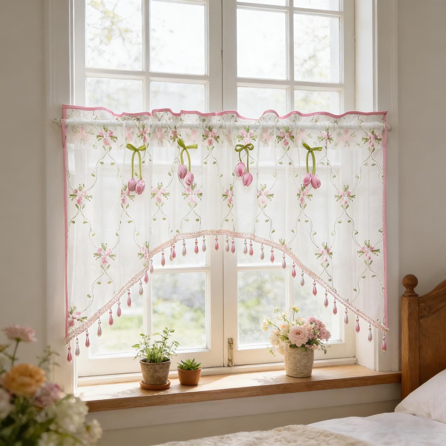 Romantic Floral Sheer Curtain Valance with Beaded Vintage Pink Tulip Embroidery