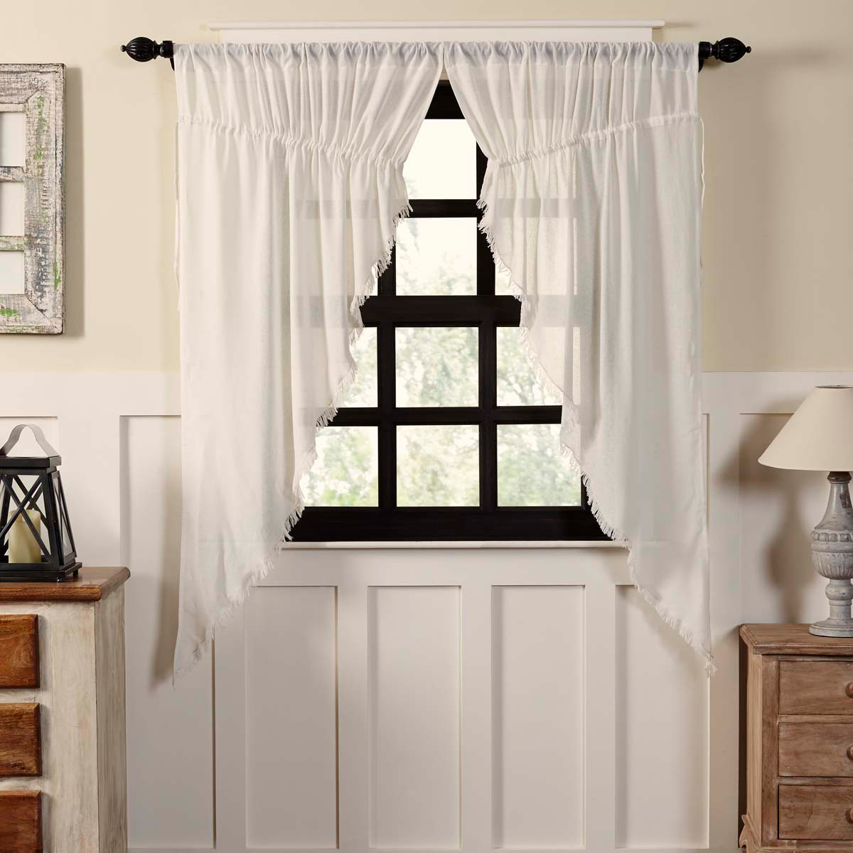 Tobacco Cloth Antique White PRAIRIE Short CURTAIN SET FRINGED 63X36X18 Farmhouse