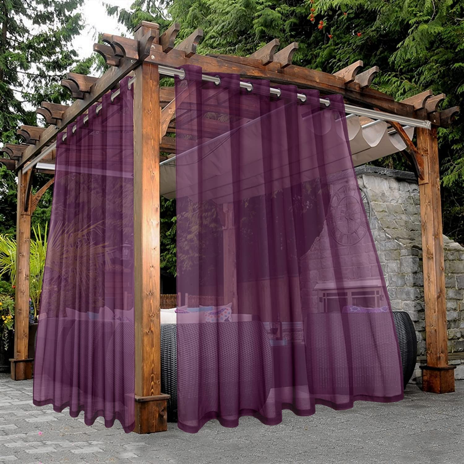 Waterproof Sheer Curtains for Patio – 2 Panels Grommet Voile, Plum 100×120