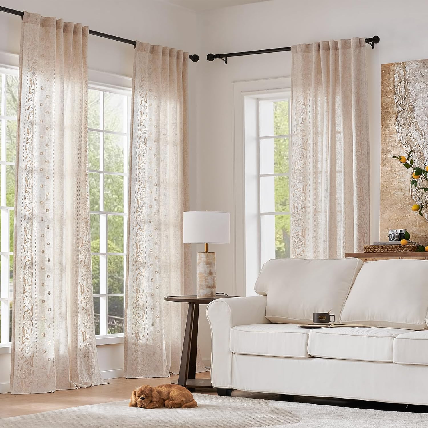 Linen Floral Embroidered Curtains 63″ Light Filtering Ivory Beige 2 Panels