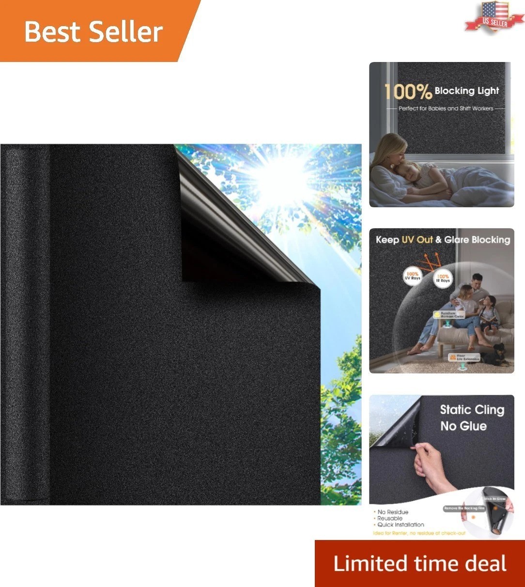 100% Privacy Blackout Window Film, UV Blocking, Easy to Install – 35.4×78.7 Inch