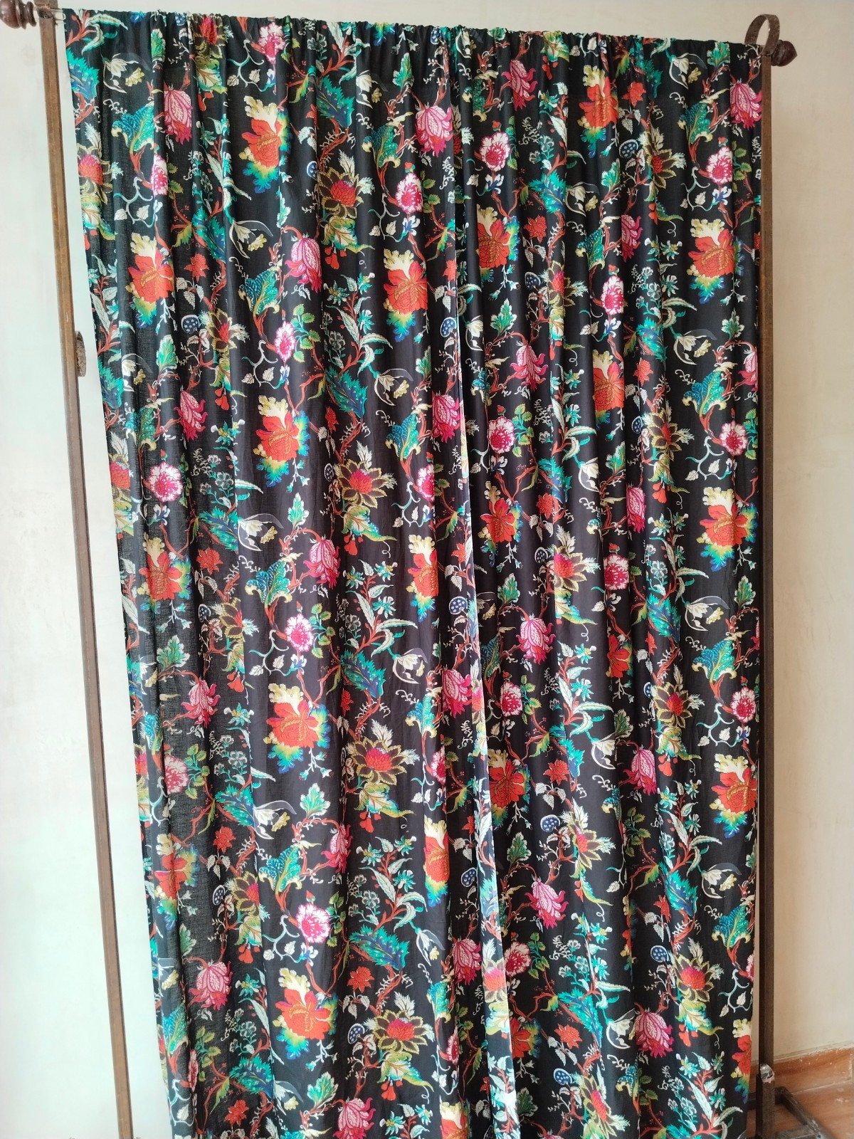 Black Floral Cotton Curtains – Semi Sheer – Handcrafted – 2 Panel Set forAnyroom