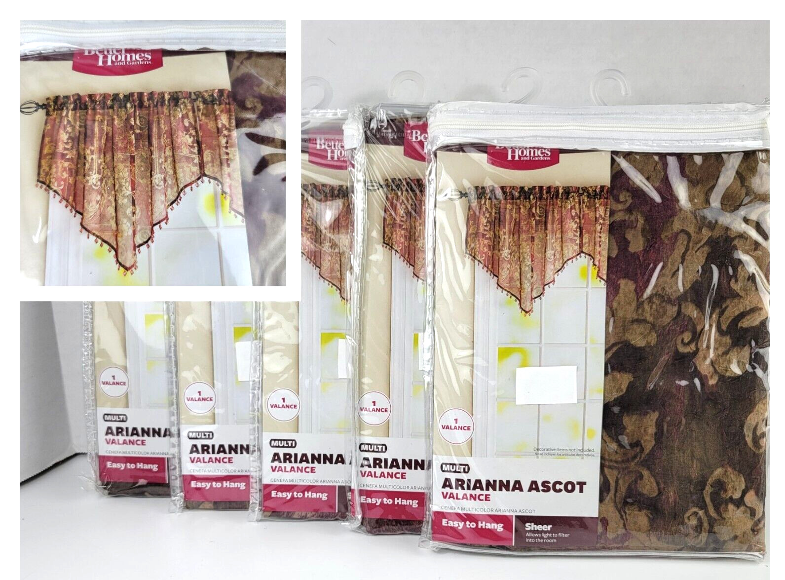 5 BHG Arianna Sheer Beaded Ascot Valances Elegant Leaf Scroll 40×23 each
