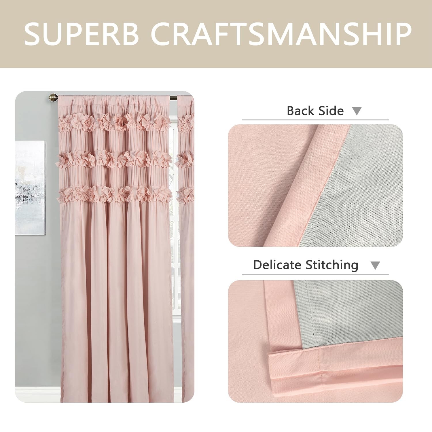 Luxurious Peach Pink Blackout Curtains with 3 Rows of Handmade Butterfly Flow…