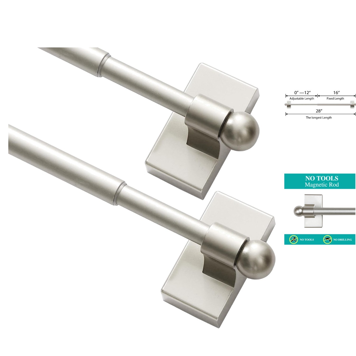 Versatile Adjustable Magnetic Curtain Rods, 16-28 Inch, 2 Pack in Elegant Nickel