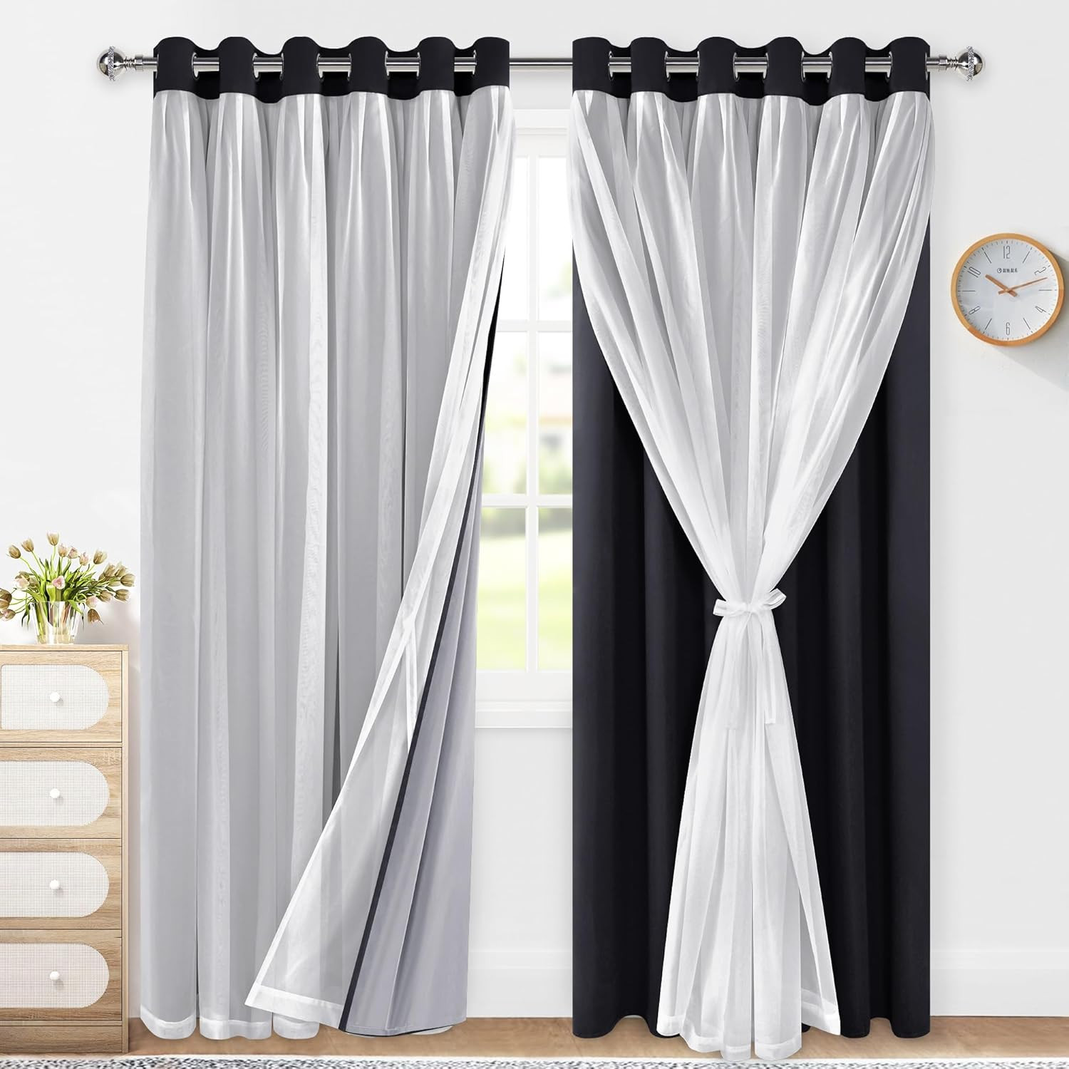 100% Blackout Double Layer Curtains, Blackout Curtains with Sheer Overlay for Li