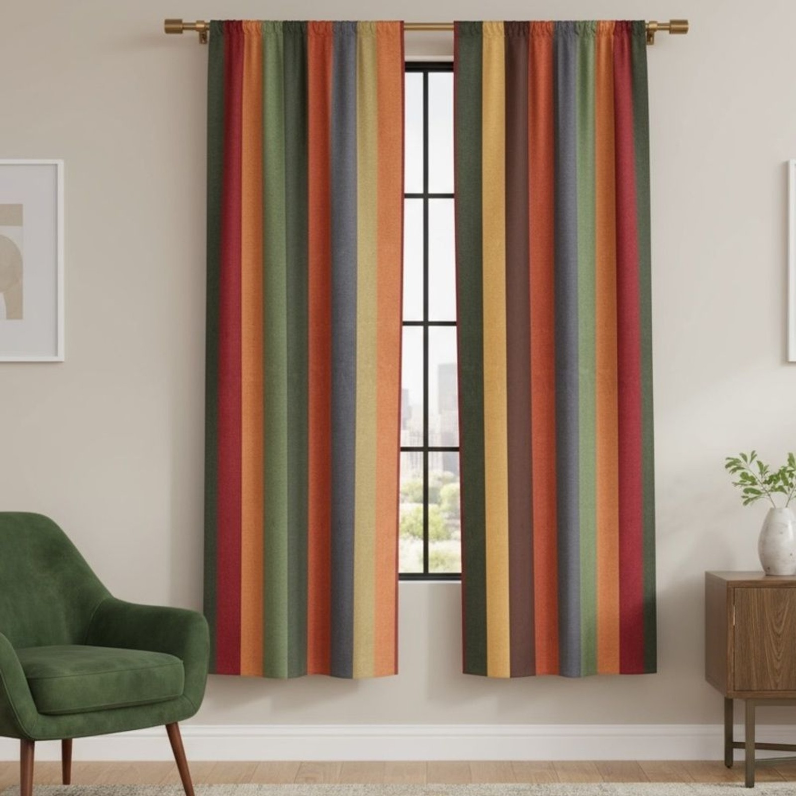 Folk N Funky Autumn Stripe Curtain Pair 2 Panels 20×62″ Mod Vertical Stripe NWOT