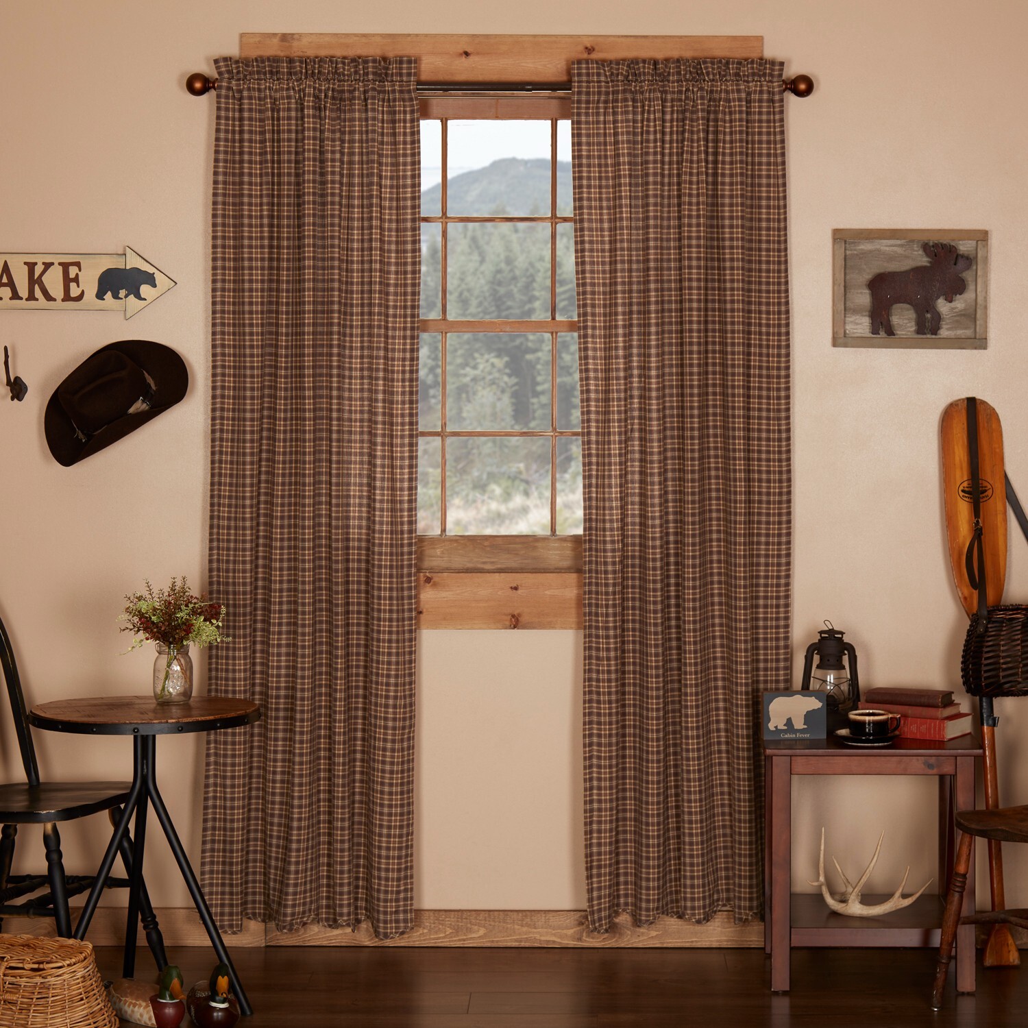 Prescott PANEL Scalloped SET 63X36 Plaid Brown Tan Creme VHC Brands Curtain