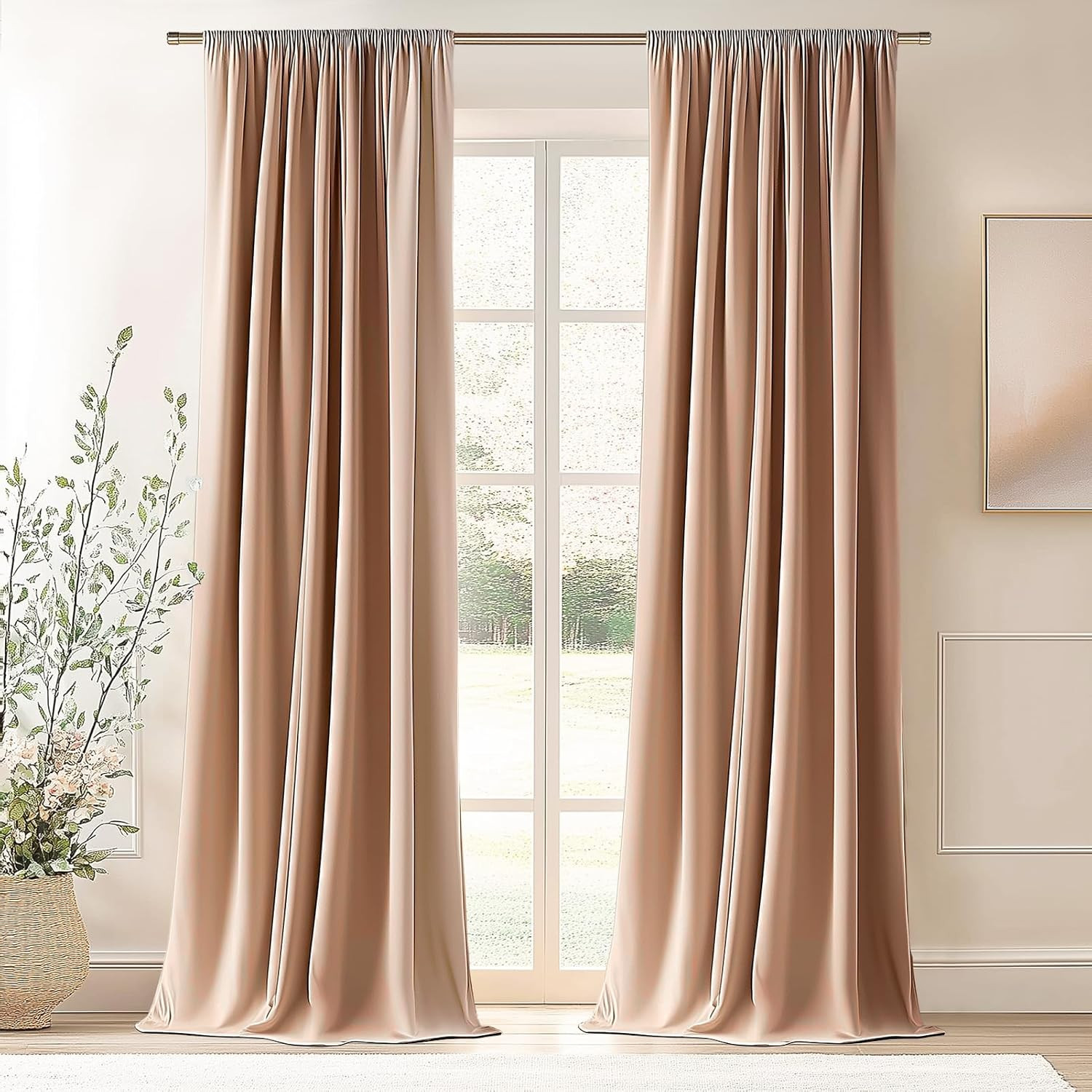 Extra Long Blush Beige Velvet Blackout Curtains 108″ for Large Windows 2 Panels
