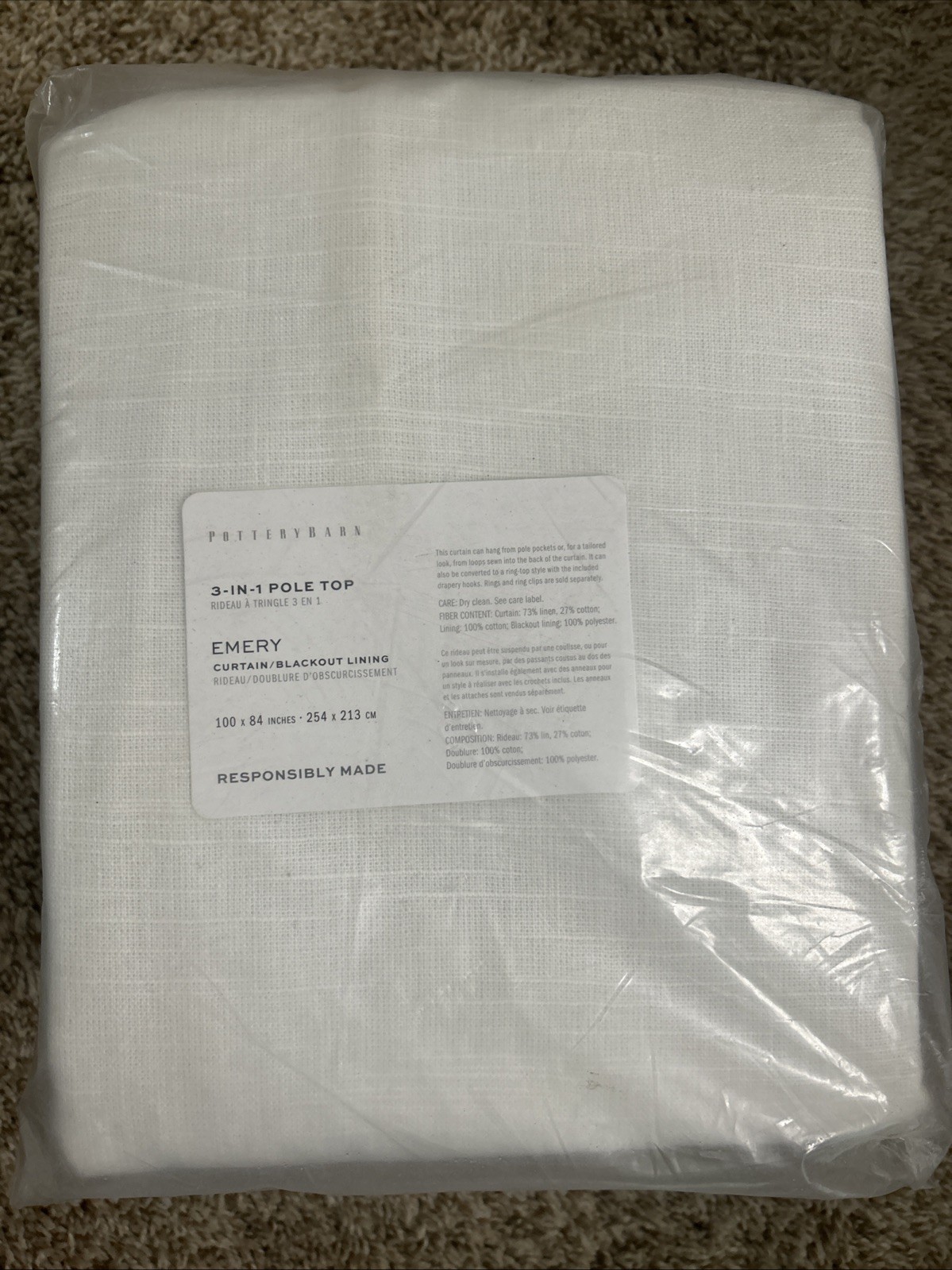 Pottery Barn 3 In 1 Pole Top Emery Curtain Blackout Lining 100 x 84 White
