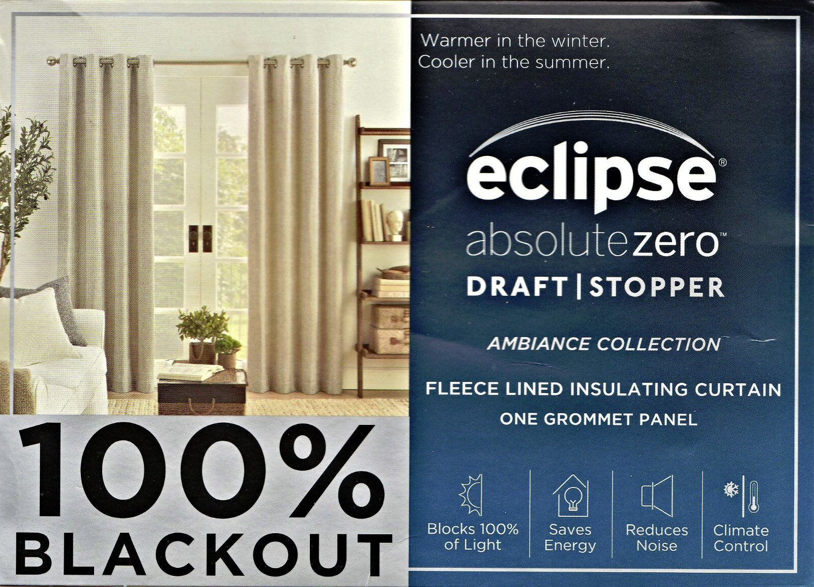 Eclipse 100% Blackout draft stopper fleece curtain grommet Ambiance Spa 50″x95″