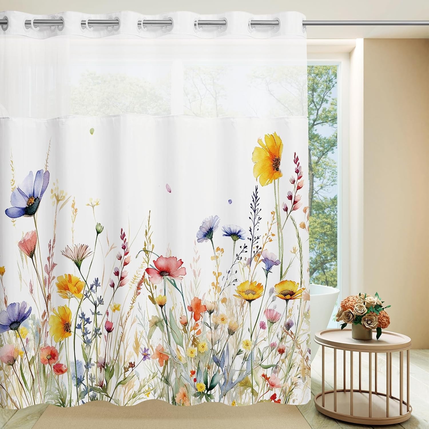Wildflower No Hook Shower Curtain with Snap in Liner, Spring Watercolor Floral