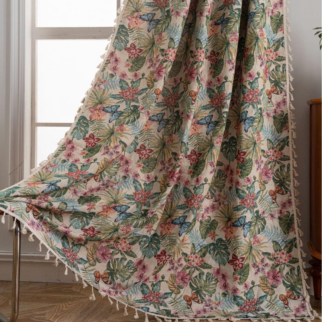 Curtain with leaves and floral pattern, jacquard cotton, 1 panel, light reducing…