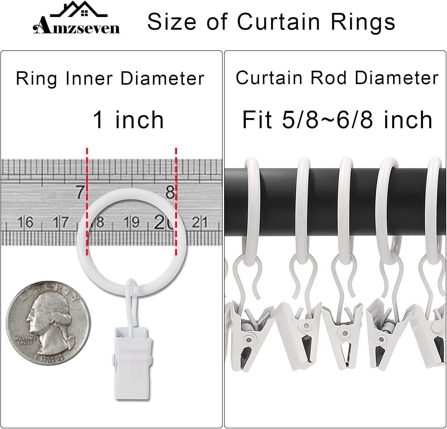 44 Pack Metal Curtain Rings with Clips 1 Inch I D Fits 6/8 Inch Rod White