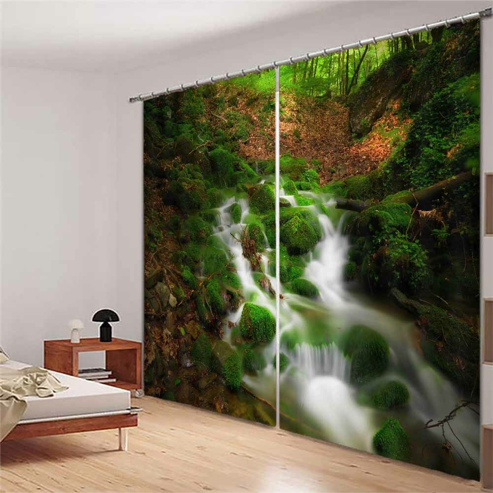 Dark Forest Waterfall 3D Blockout Photo Print Curtain Fabric Curtains Window