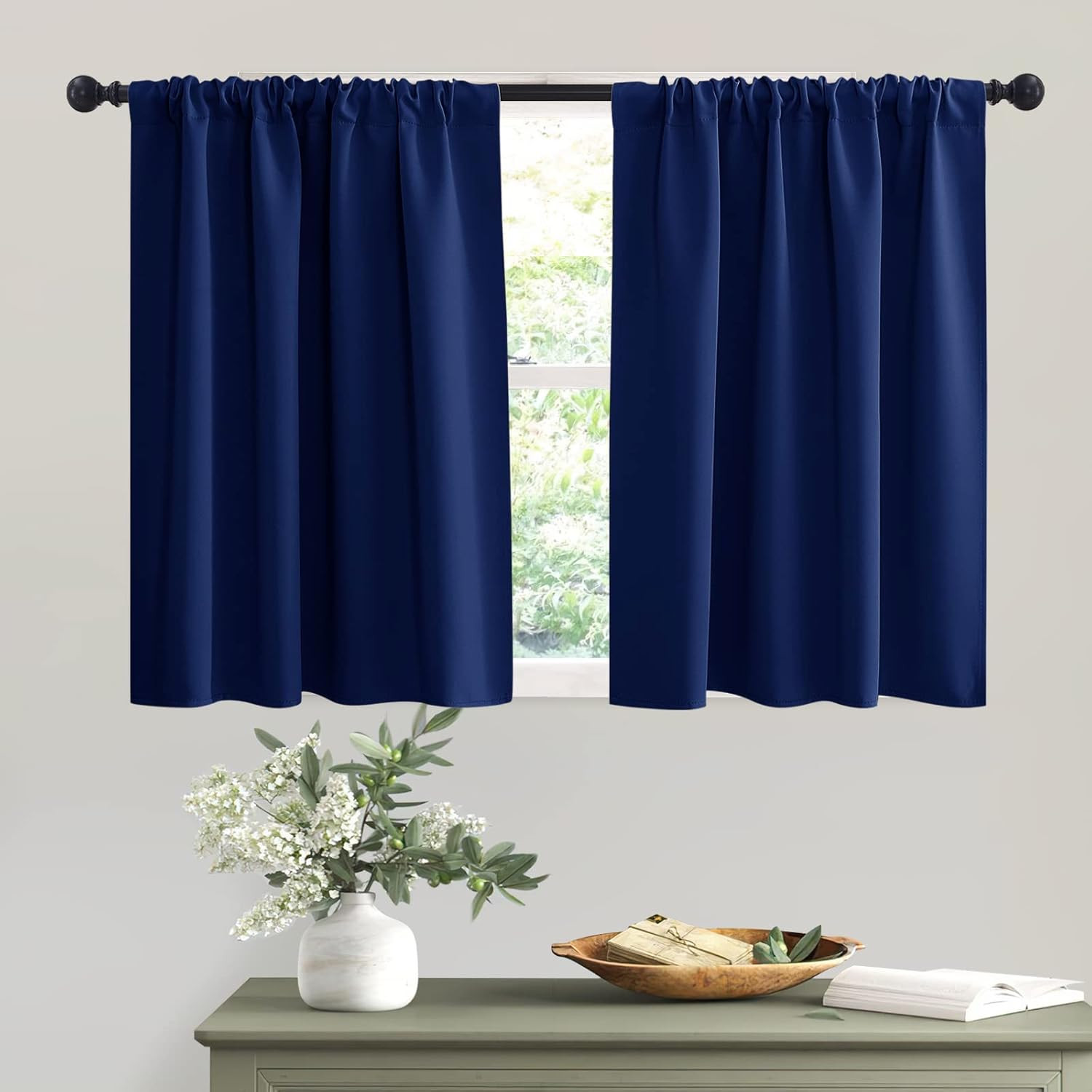 2 Panel Marine Blue Blackout Kitchen Curtains 42×36 Small Window Tier Drapes