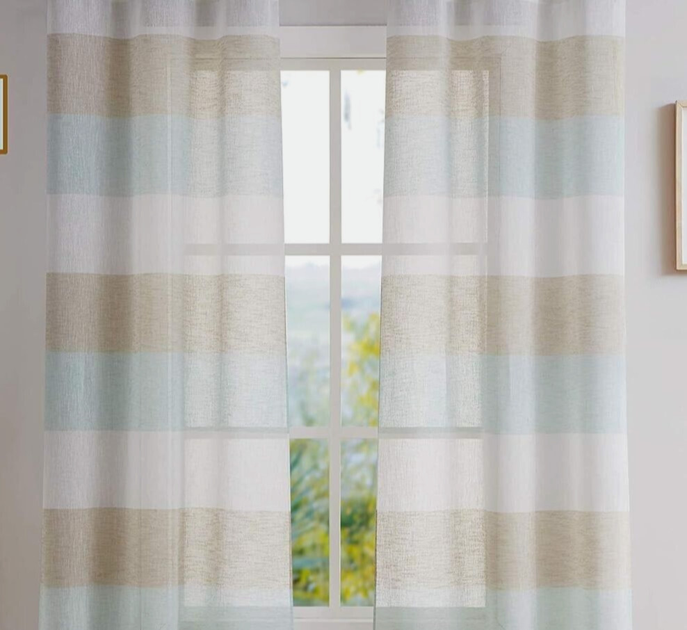 Pair Tan , Spa Blue Stripe Sheer Color Block Linen Curtain Panels 40×63 (A50)