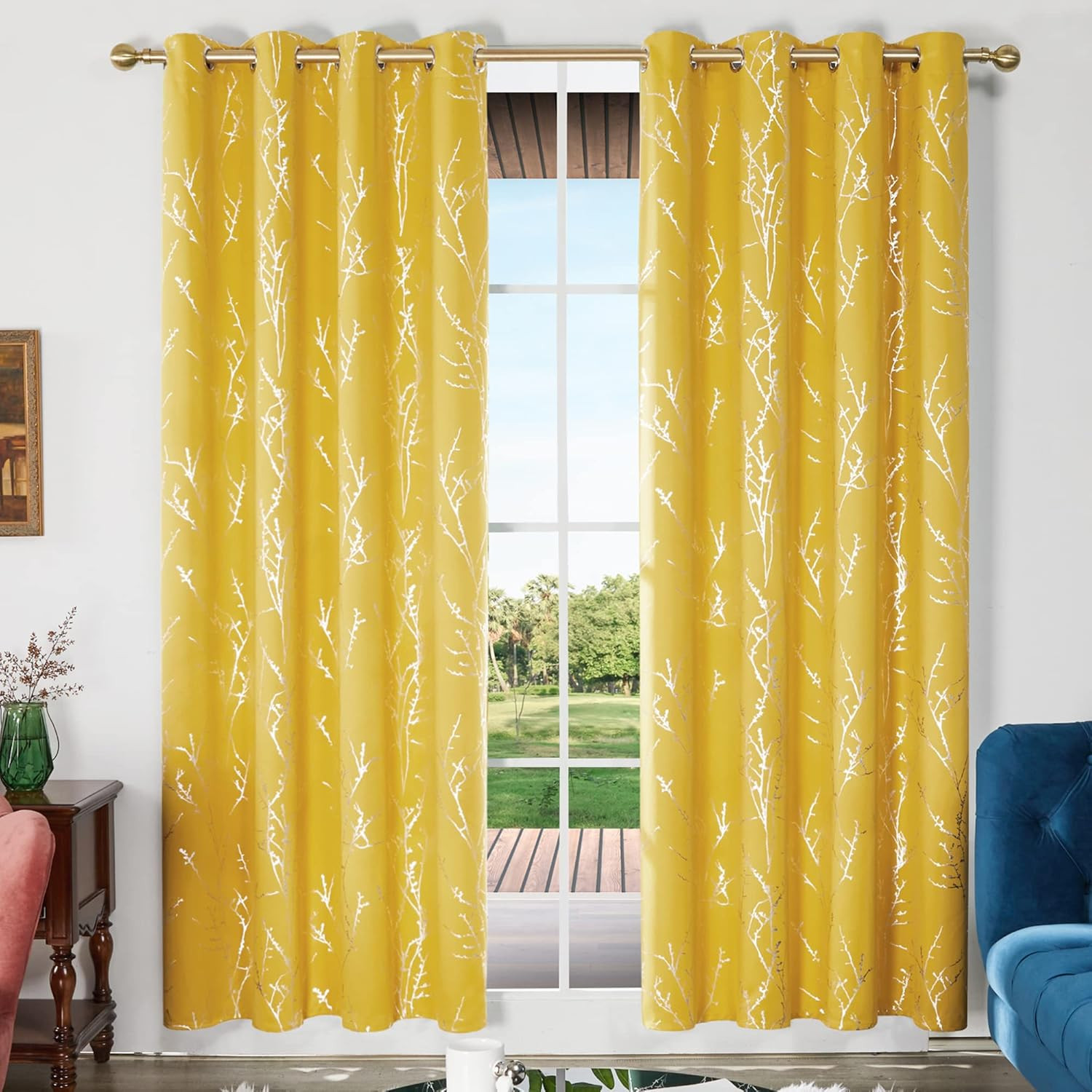 Modern Yellow Blackout Curtains, 52×84″, Silver Tree Print, 2 Panels Set