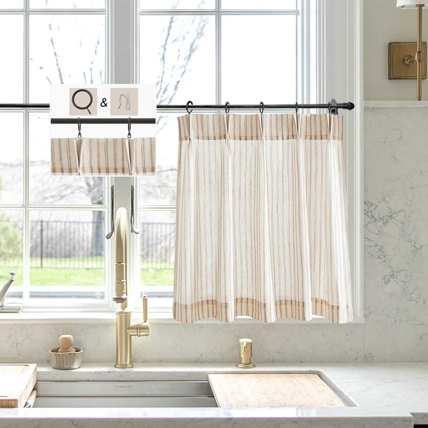 Beige Striped Linen Kitchen Curtains 18 inch Length Pinch Pleat Cafe Curtains 1