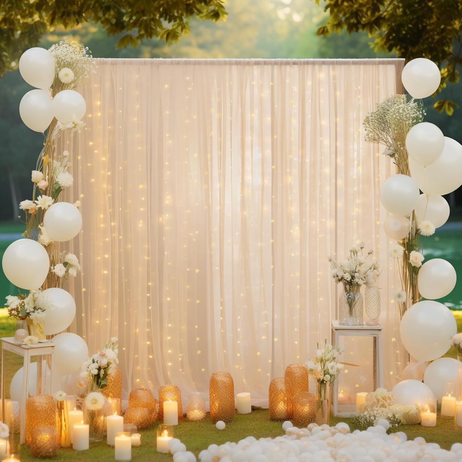 30x10ft Champagne Tulle Backdrop Curtain with Lights String for Parites, Sheer
