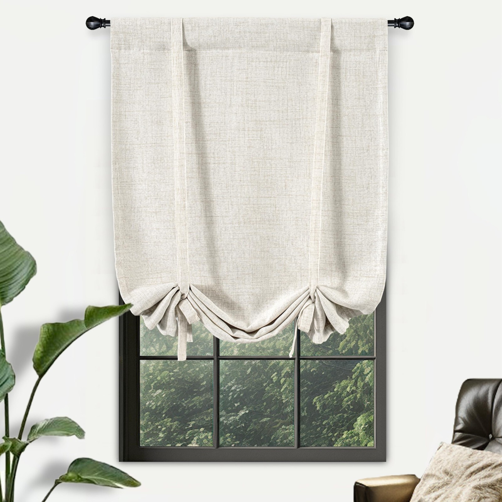 Light Linen Tie Up Shade Curtain Window Drape Rod Pocket for Kitchen Living Room