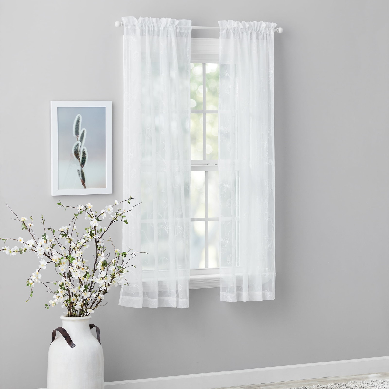 Scroll Rod Pocket Sheer Curtain Panel, 1-Piece, White/Grey, 38″ W x 63″ L
