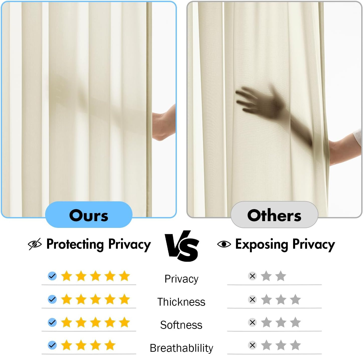MIULEE Cream Beige Privacy Sheer Curtains That Let Light in 63 Inches Long Non-S