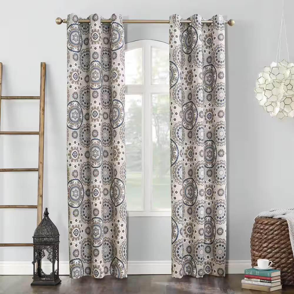 Nepal Global Medallion Print Linen Polyester 40 In. W X 95 In. L Grommet Blackou