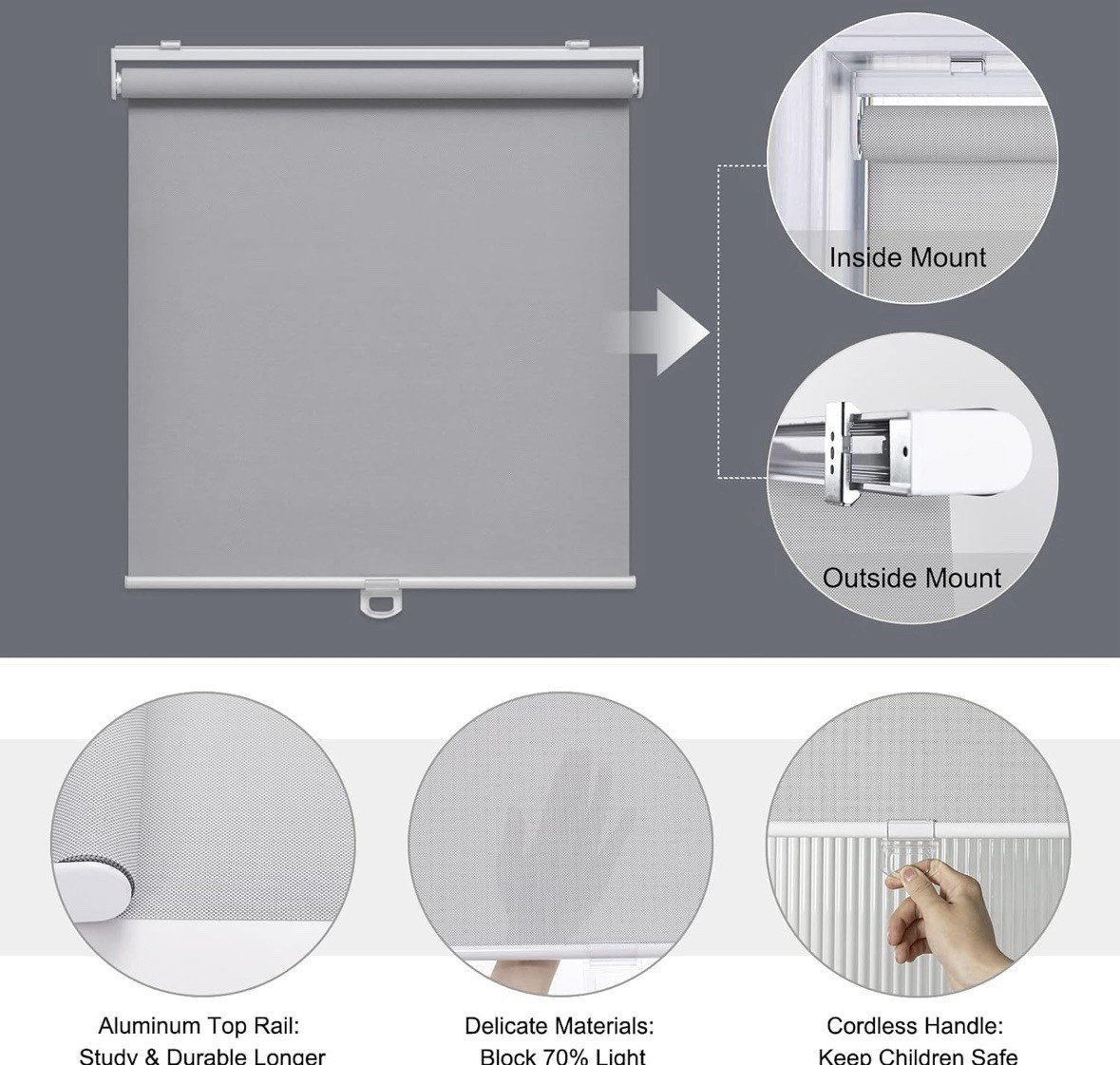 Cordless Roller Shades Light Filtering with 5% Openness 30″ W x 72″ H (Grey)