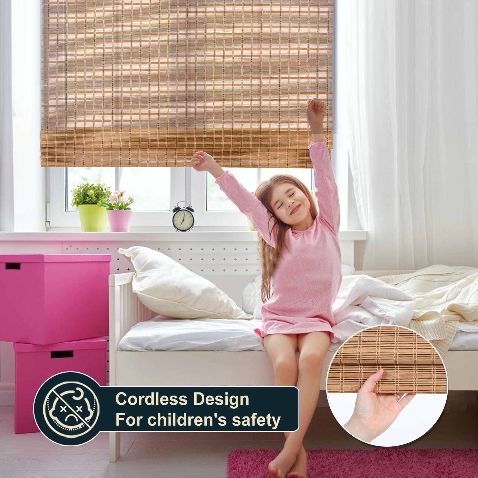 LANTIME Cordless Bamboo Wood Window Blinds Shades Light Filtering Woven Roman