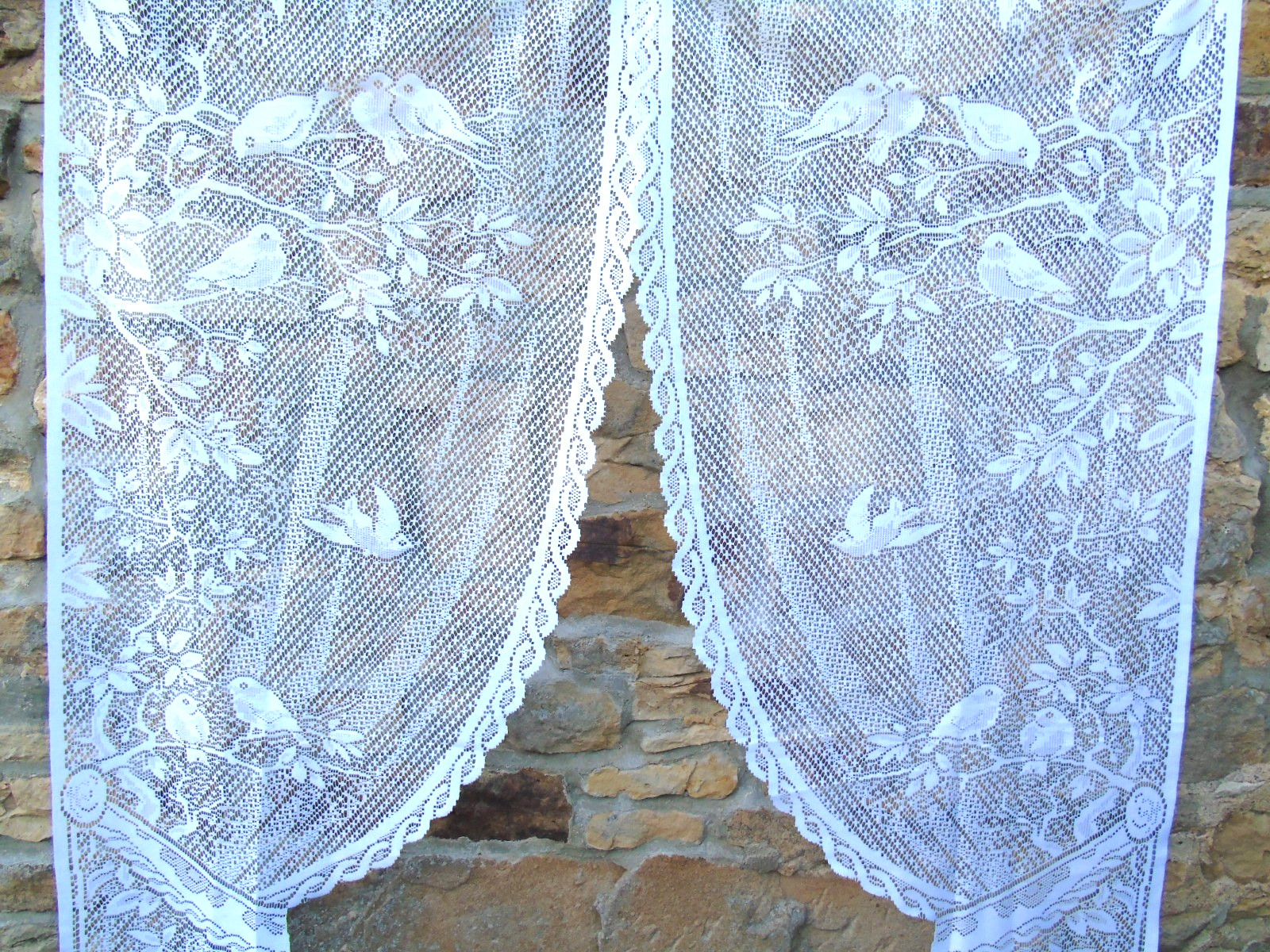 French pair white curtains lace motif bird flower 24» x 62» of each