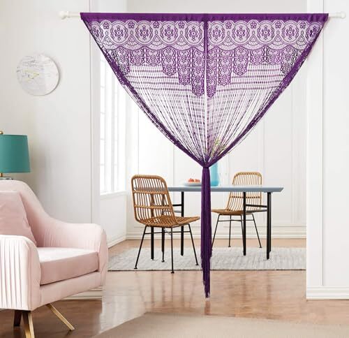 String Door Privacy Lace Curtain Macrame Boho Doorway 35×79in/90×200cm Purple