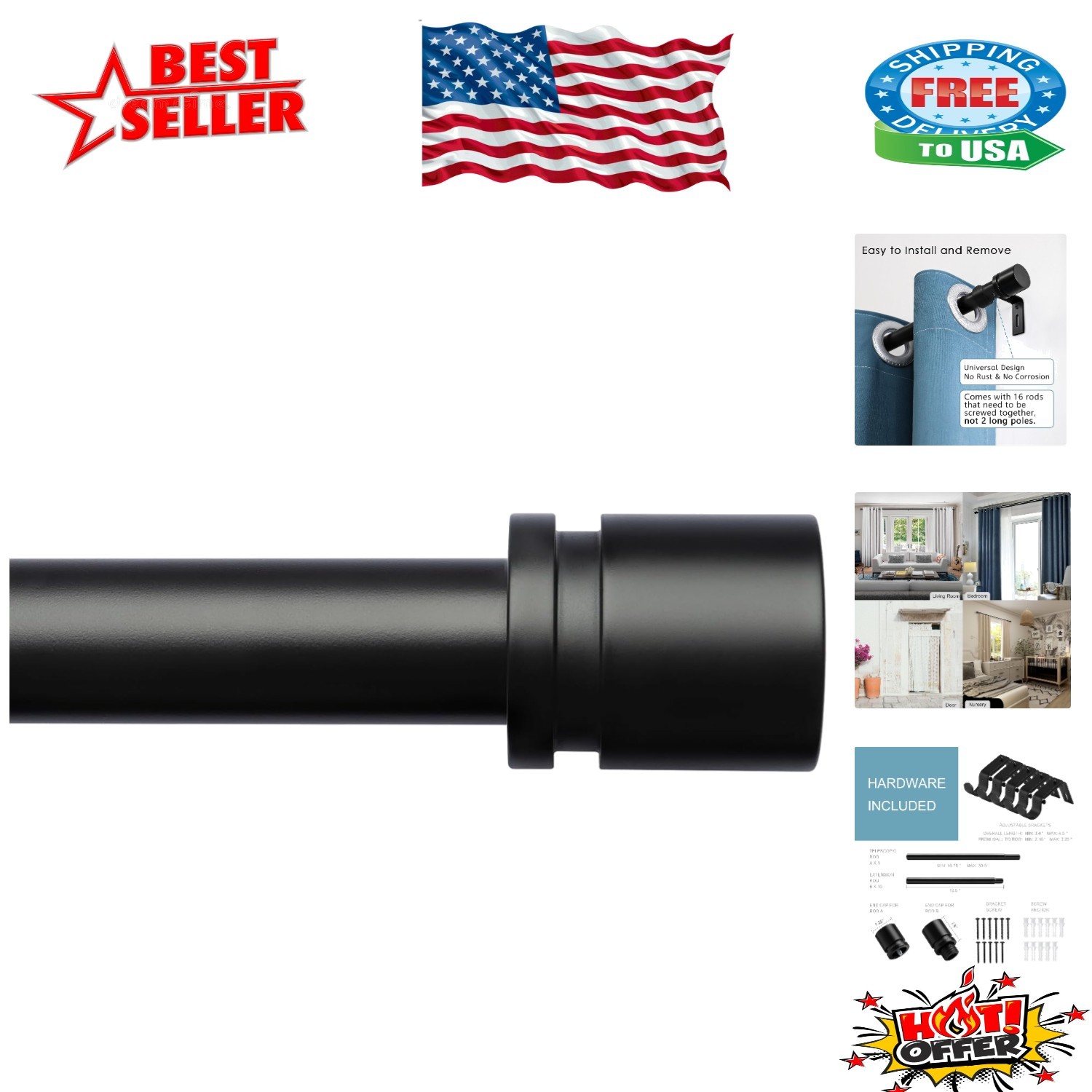 Elegant Adjustable Curtain Rod 16-240 Inches, Black Metal with Aluminium Finials