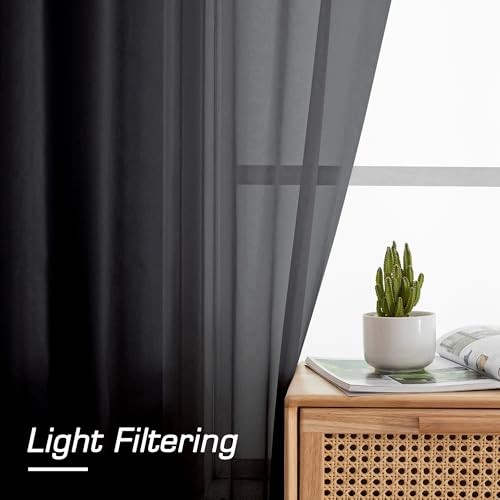 Voile Sheer Curtains – Transparent Light Weight 59″W x 96″L (Pack of 2) Black