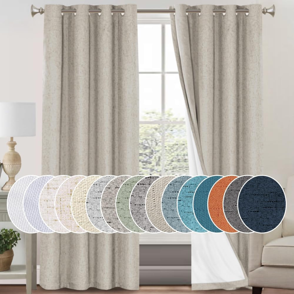 Linen Blackout Curtains 96″ Long, 2 Panels, Noise Cancelling, Cobblestone