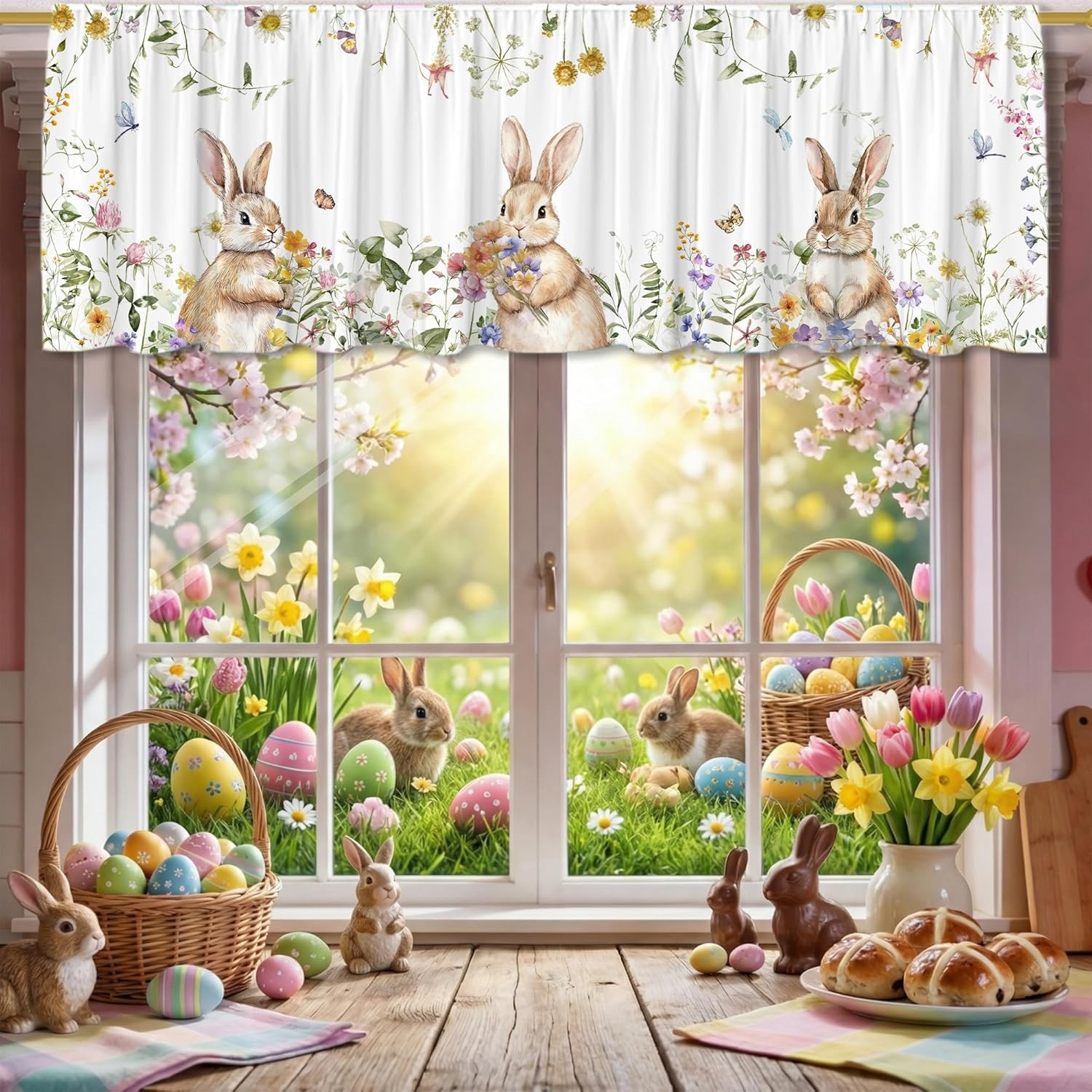 Easter Bunny Valance Curtain 18×54 Inch for Farmhouse Kitchen Decor