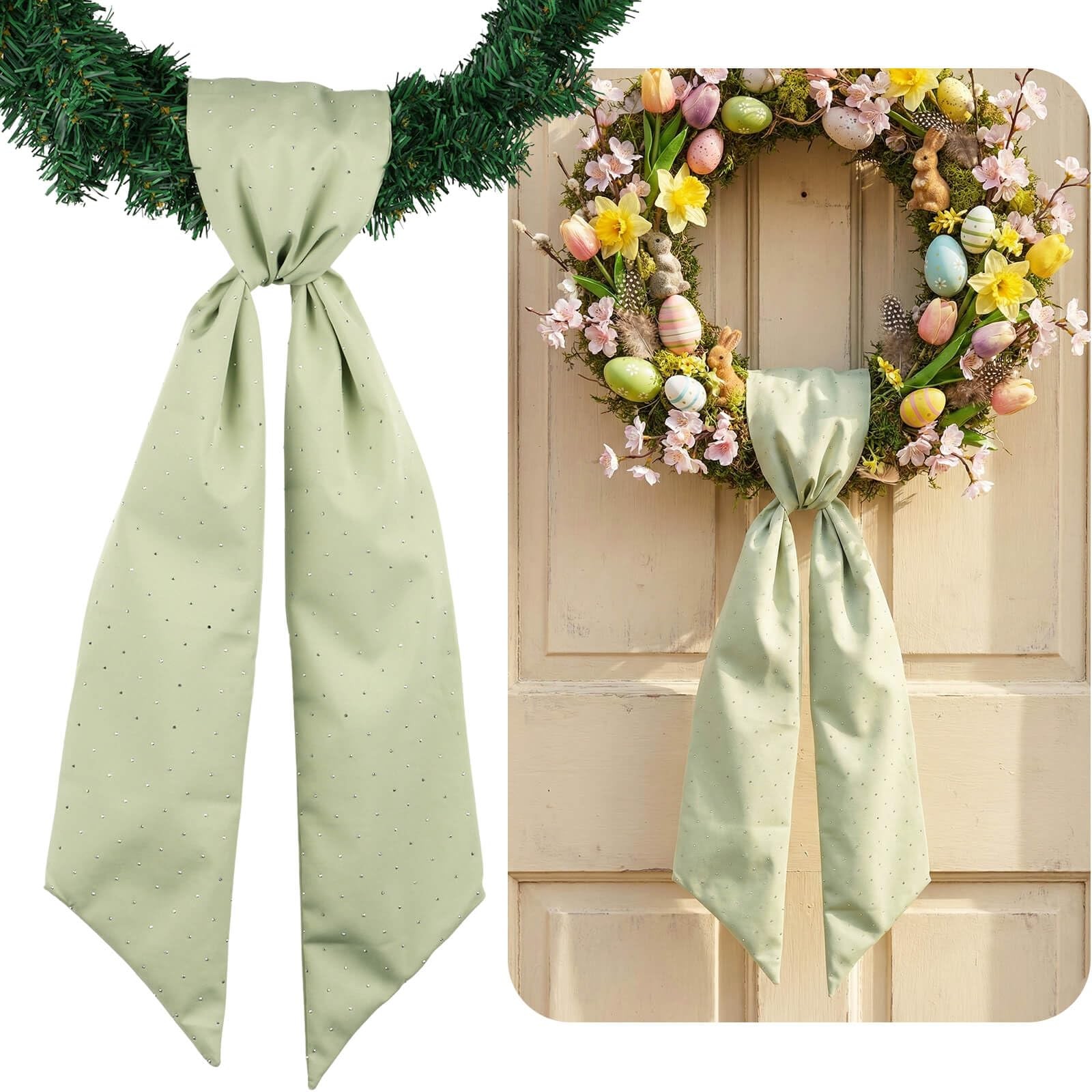 Sage Green Rhinestone Wreath Sash for Front Door, 54×5 Inch Sparkle Ribbon fo…