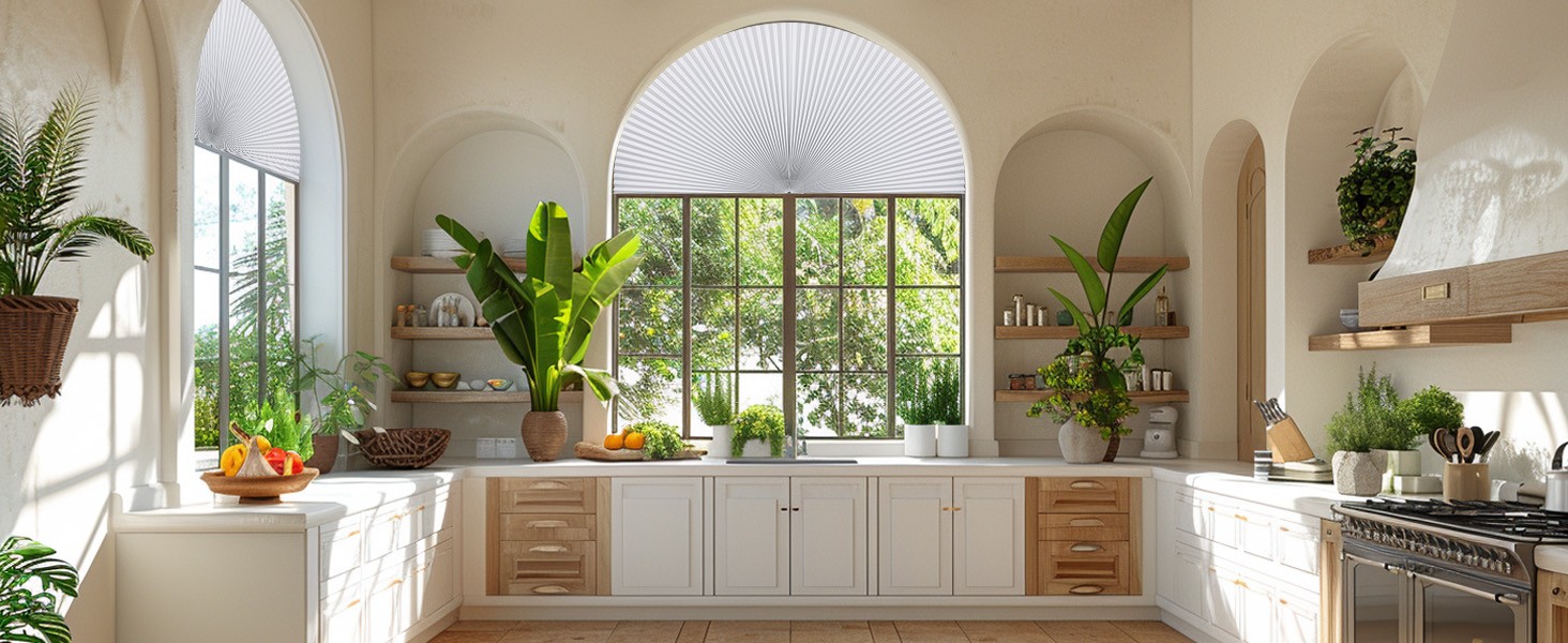 No Drill Arch Window Shades Blackout 48″ Wx24 H Honeycomb Blinds for Half Circle
