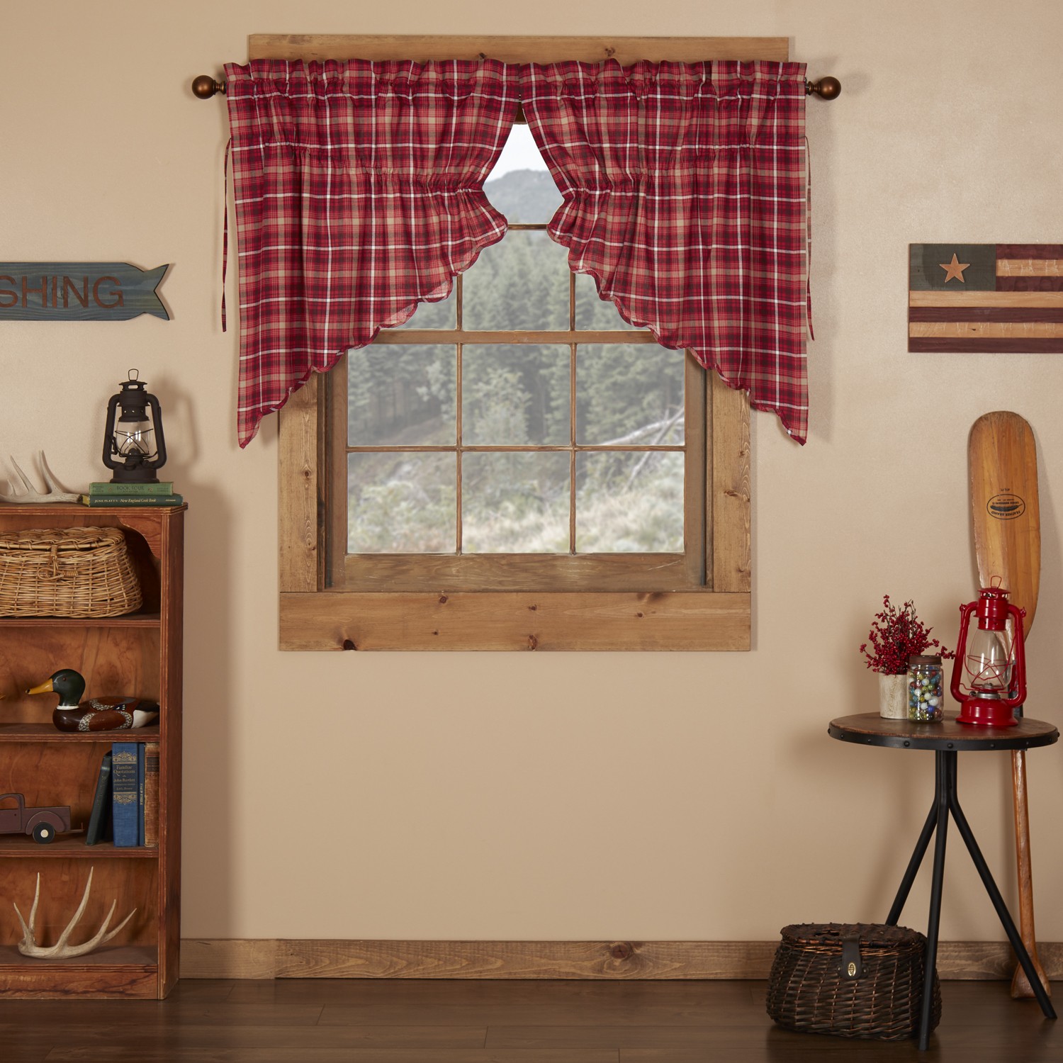 VHC Brands Rustic 36″x36″x18″ Prairie Swag Pair Red Rod Kitchen Window Curtains