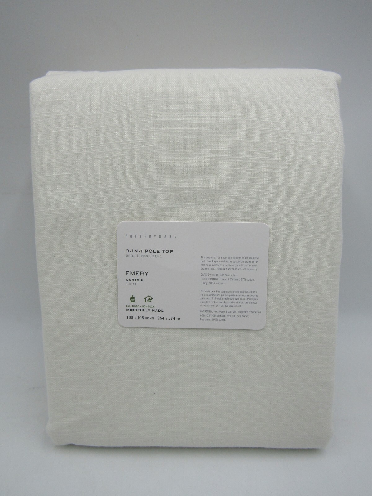 Pottery Barn Emery Linen Cotton Lined Drape Panel Curtain 100x 108″ White #Q78