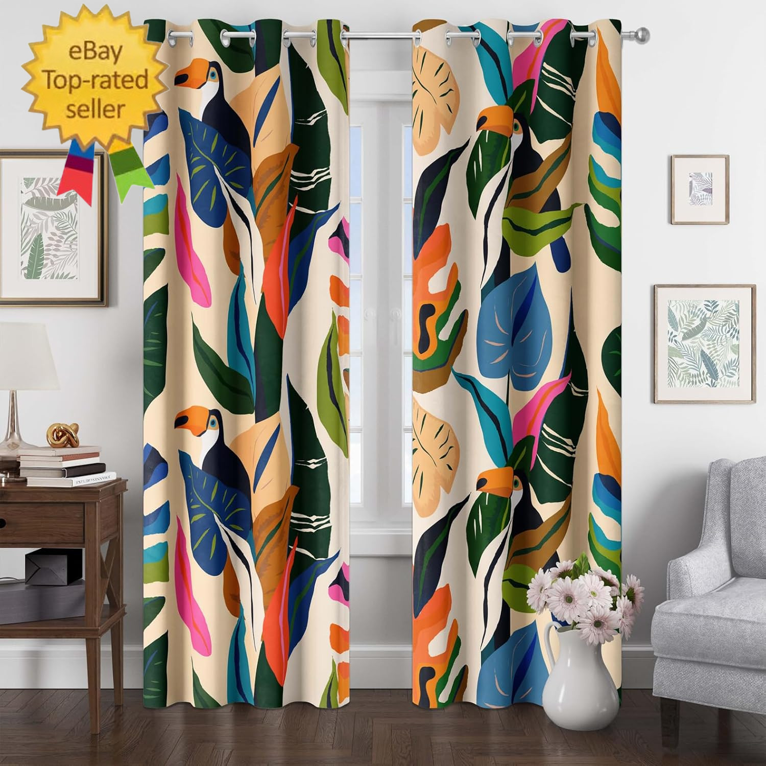 Colorful Tropical Plant Curtains Abstract Palm Leaf Window Treatments 84 Inch Lo