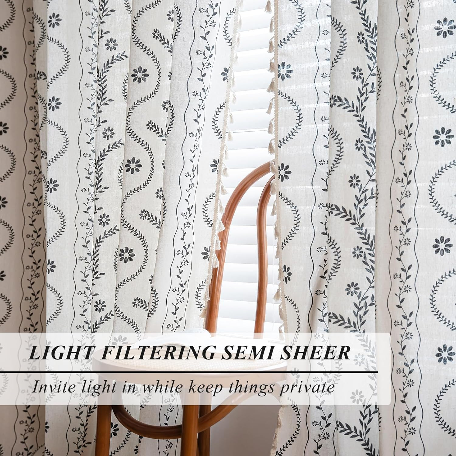 Boho Linen Curtains for Living Room 96 Inch Length Black Patterned Curtains Farm
