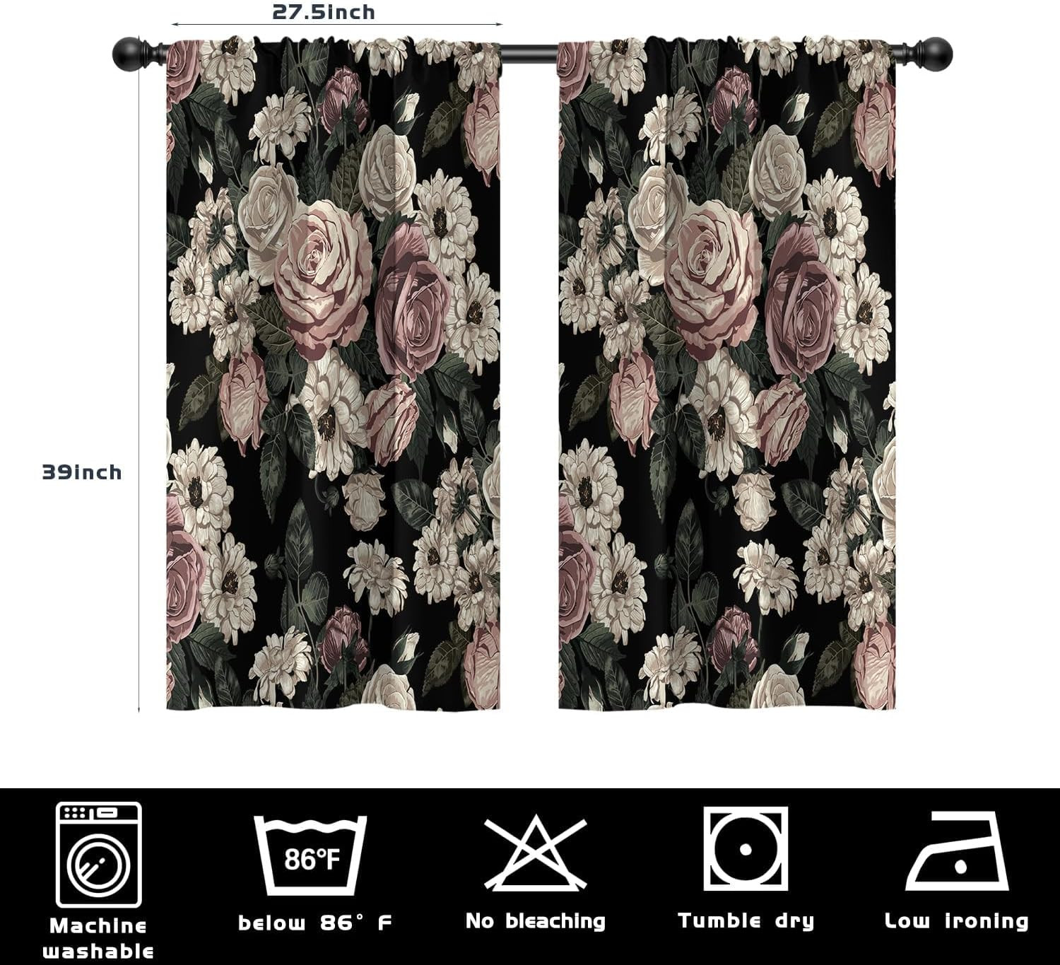 Black Floral Kitchen Window Curtains Rod Pocket Small Short Cafe Vintage Gothic