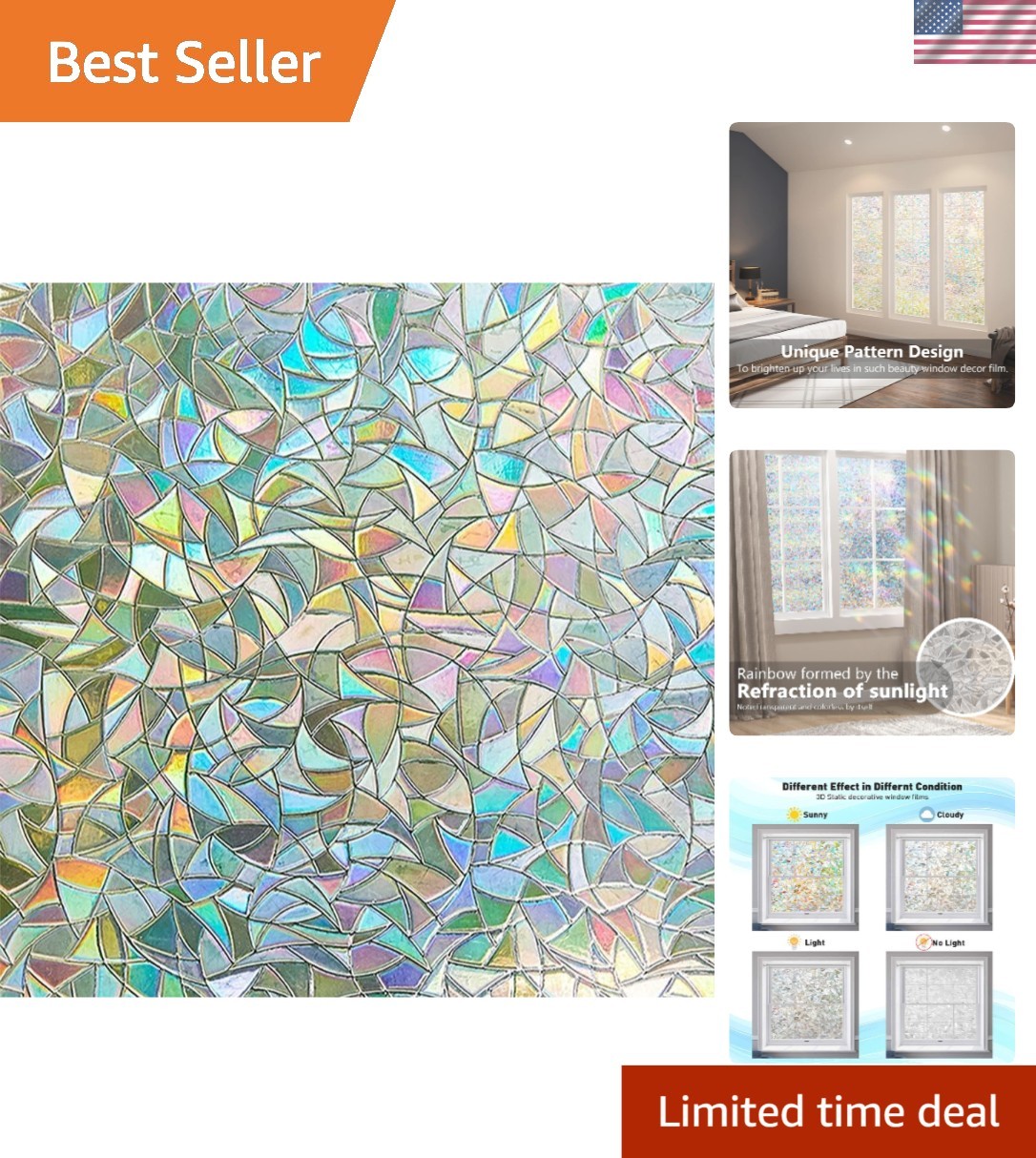 Colorful Decorative Rainbow Window Film – 23.6 x 78.7 Inches, Frosted Half-Moon