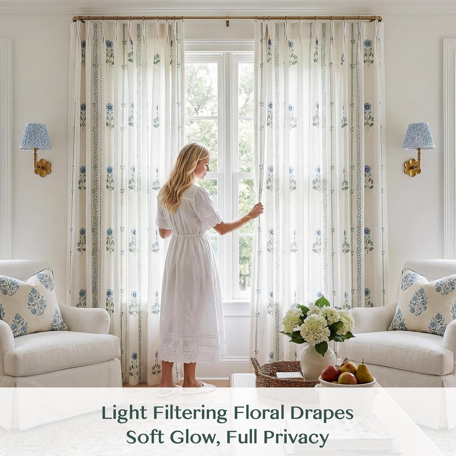 Pinch Pleated Curtains 84 Inch Light Filtering Linen Floral Drapes 2 Panels Set