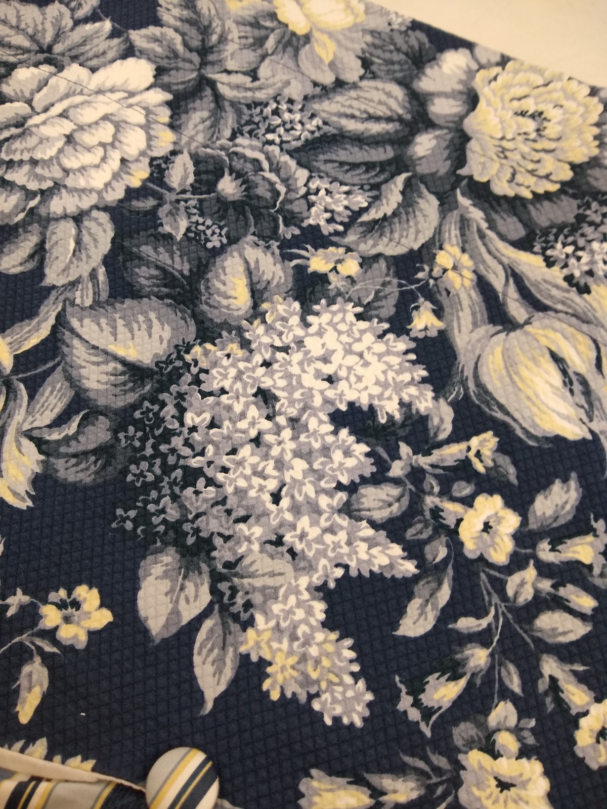 2 Waverly Jacobean Floral Valances Delft Blue Layered Stripe Scalloped 18×68