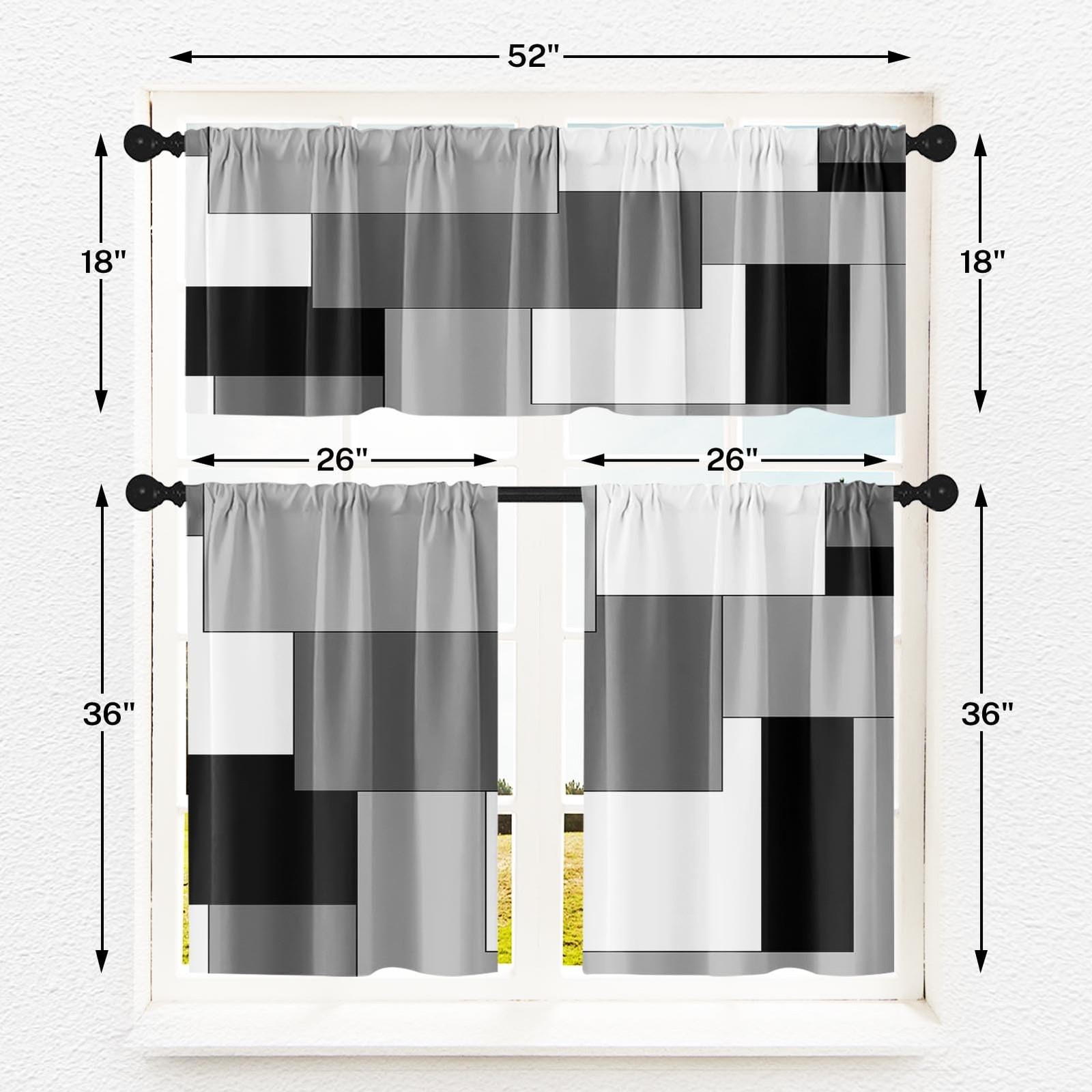 Black White Gray Kitchen Window Curtains Valance and Tier Set 36 Inch, Dark G…