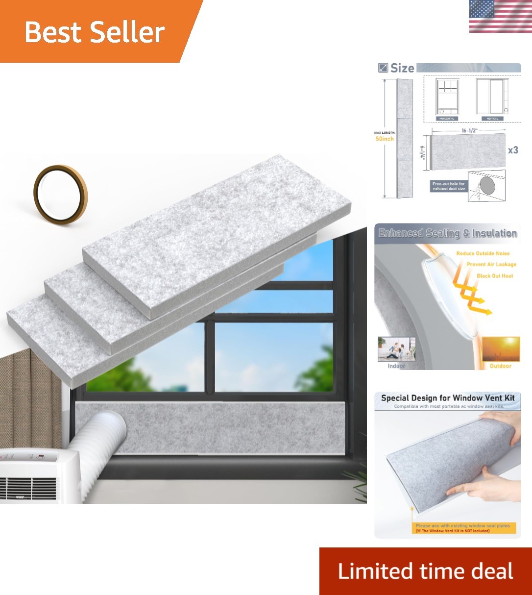 Insulated Foam Panels for Portable AC Window Seal Kit 16.5×6.25 In 3 Pack