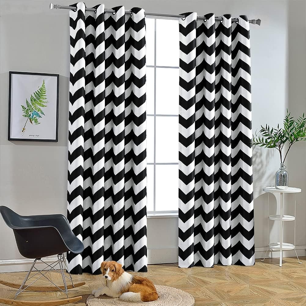 Black and White Chevron Curtains, 84″ Grommet Drapes, Soundproof